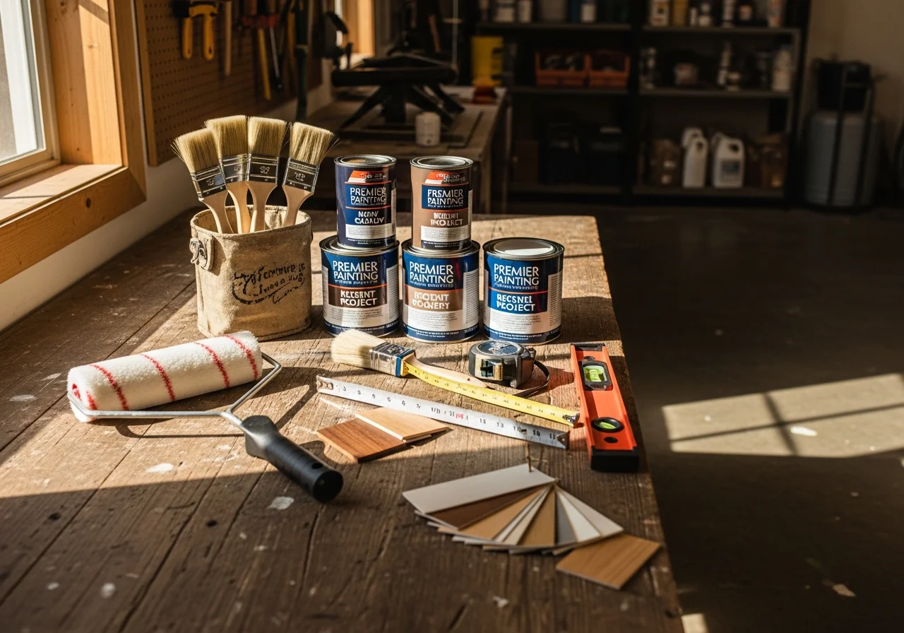 Professional painting and remodeling tools arranged on a work surface, representing the trade expertise and quality finishes delivered by the team.
