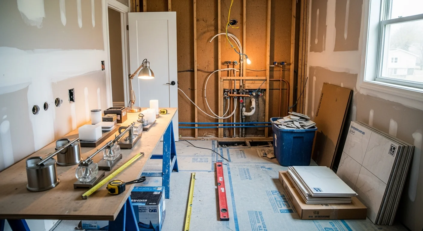 A remodeled bathroom in a Washington Township home featuring new floor tile, an updated vanity, and a tiled walk-in shower. The space shows clean lines and practical storage typical of suburban South Jersey home renovations.