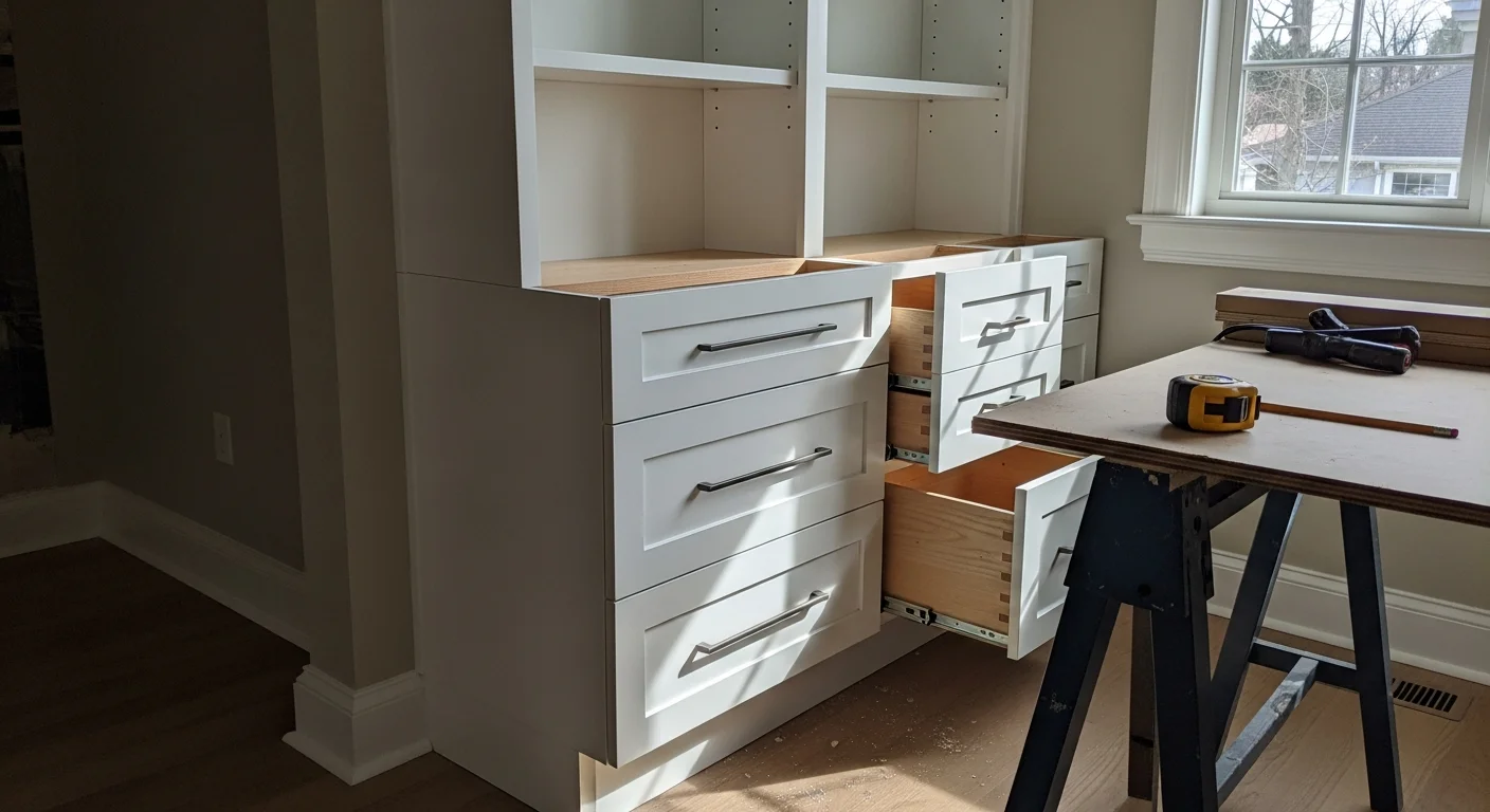 Finished floor-to-ceiling built-in cabinetry installed along the living room wall of a Washington Township colonial-style home. White painted doors and open shelving sections are fitted flush with the surrounding trim and baseboards.