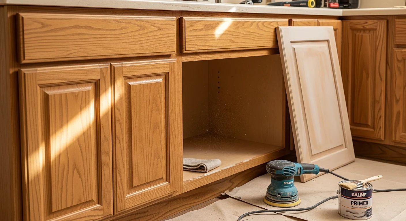 Freshly painted white kitchen cabinets with clean satin finish in a Washington Township home. Cabinet doors and drawer fronts show smooth, even coverage with no brush marks or drips.