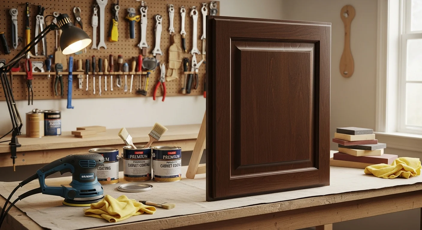 Freshly refinished white kitchen cabinets in a Washington Township home, showing clean door fronts and smooth painted surfaces. The cabinet boxes and hardware are intact, with no visible brush marks or worn finish areas.