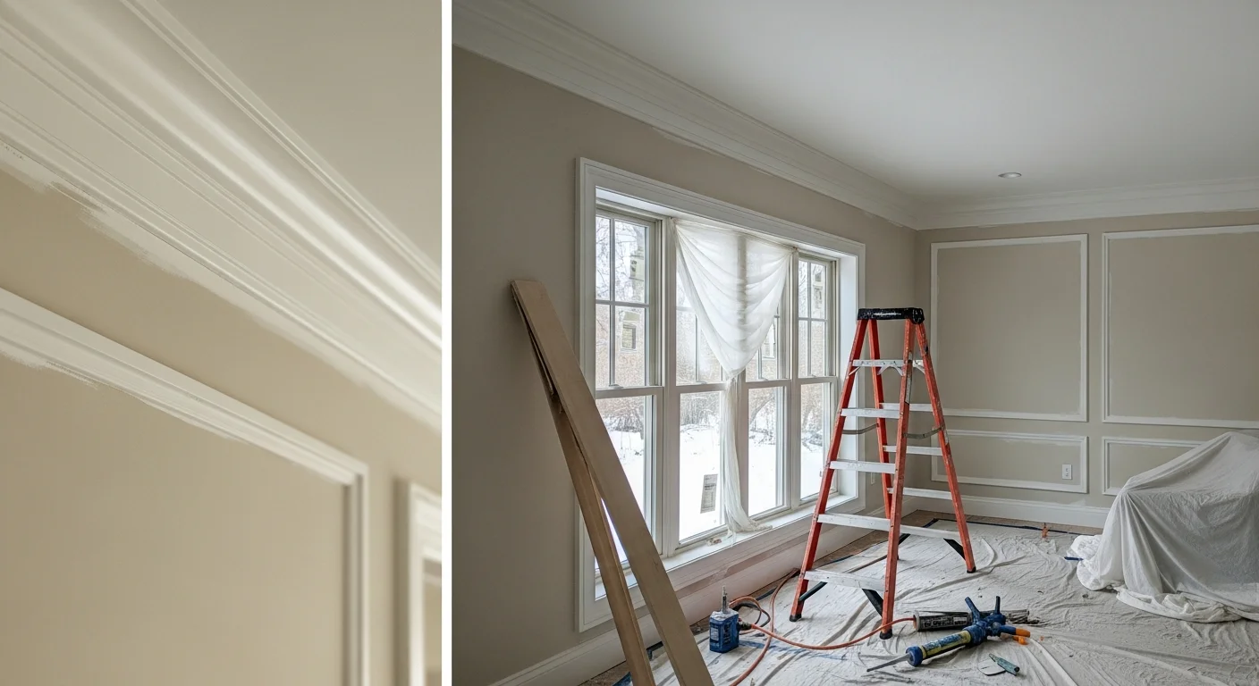 Freshly installed white crown molding running along the ceiling line of a formal dining room in a Washington Township colonial-style home. Clean miter joints meet at each corner with a smooth, paint-ready finish.