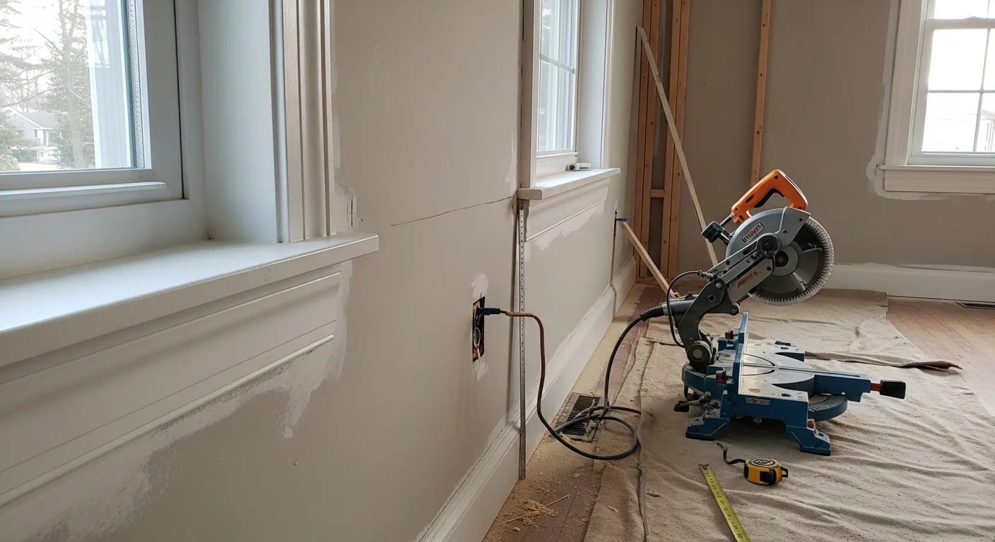 Freshly installed crown molding and baseboard trim in a Washington Township colonial-style home, with clean mitered corners and a painted white finish. The room shows floor-to-ceiling trim detail including window casing and chair rail along a neutral-painted wall.