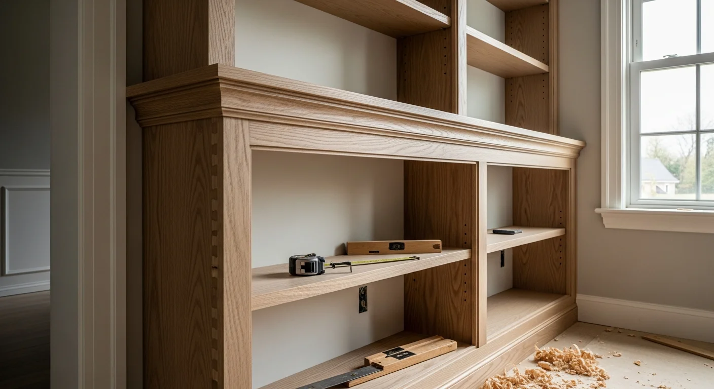 Custom built-in shelving and trim work installed in a Washington Township single-family home, showing floor-to-ceiling wood cabinetry fitted against a living room wall. The woodwork features clean-line crown molding and painted finish consistent with the home's existing interior trim.