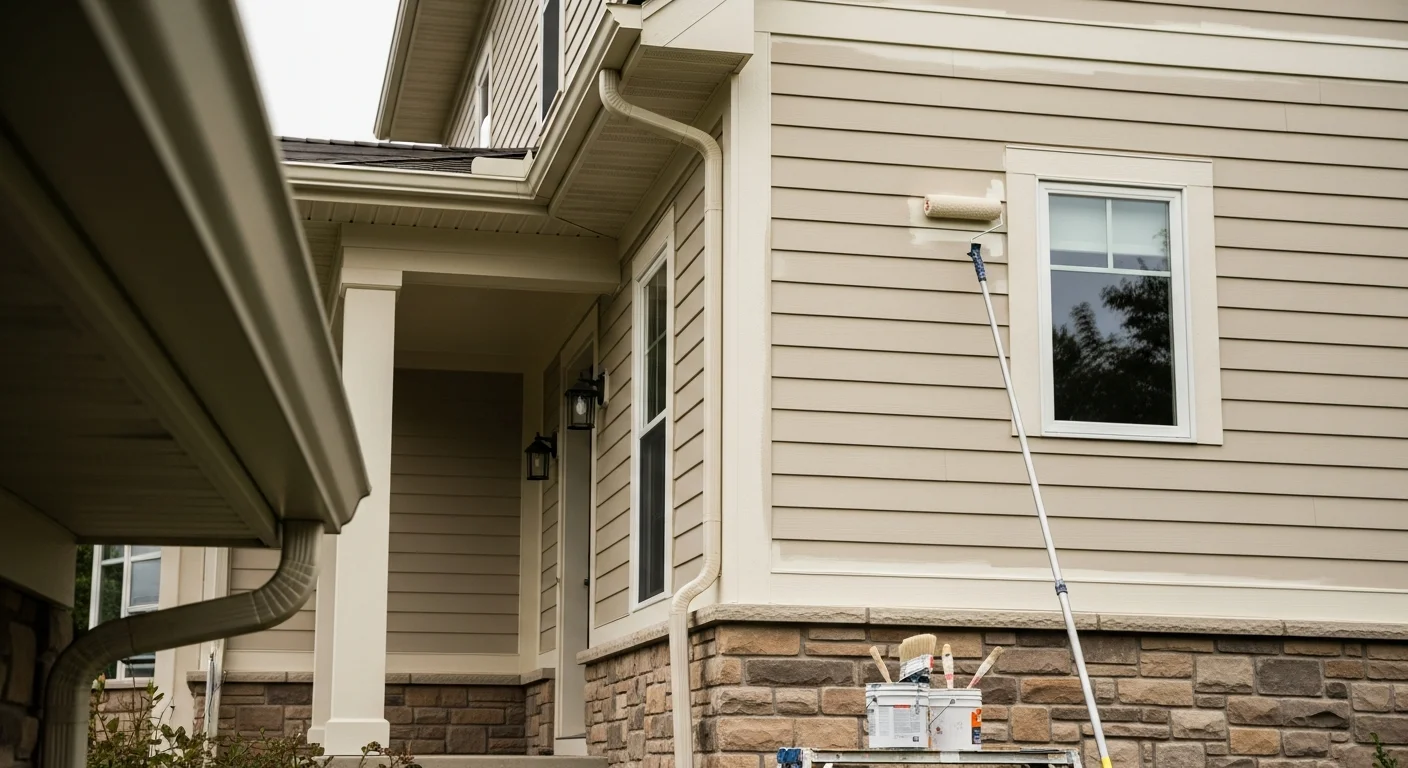 A freshly painted two-story colonial home in Washington Township, NJ, with clean white trim and a deep gray body coat on vinyl siding. The front exterior shows even coverage from the foundation line to the roofline, with painted shutters and a matching front door.