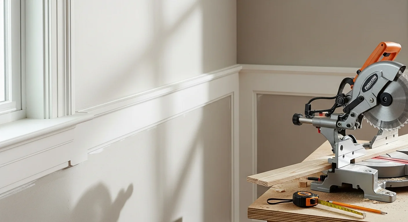 Freshly installed white crown molding and baseboards in a Washington Township single-family home with a colonial-style interior. Clean miter joints meet at a painted corner where the wall trim transitions from the living room into the hallway.