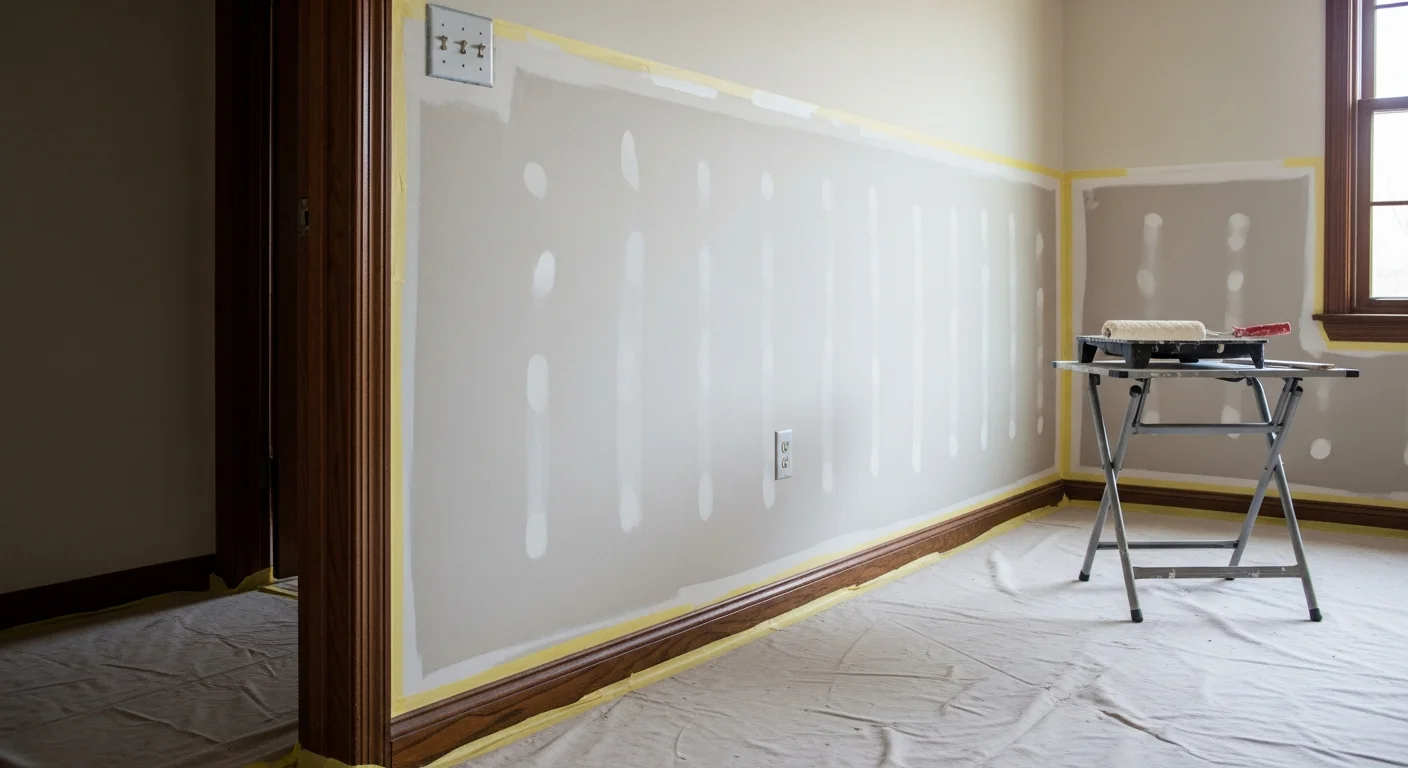 A freshly painted living room interior in a Washington Township colonial-style home, with clean white trim, smooth walls in a neutral color, and protected hardwood floors visible in the foreground.