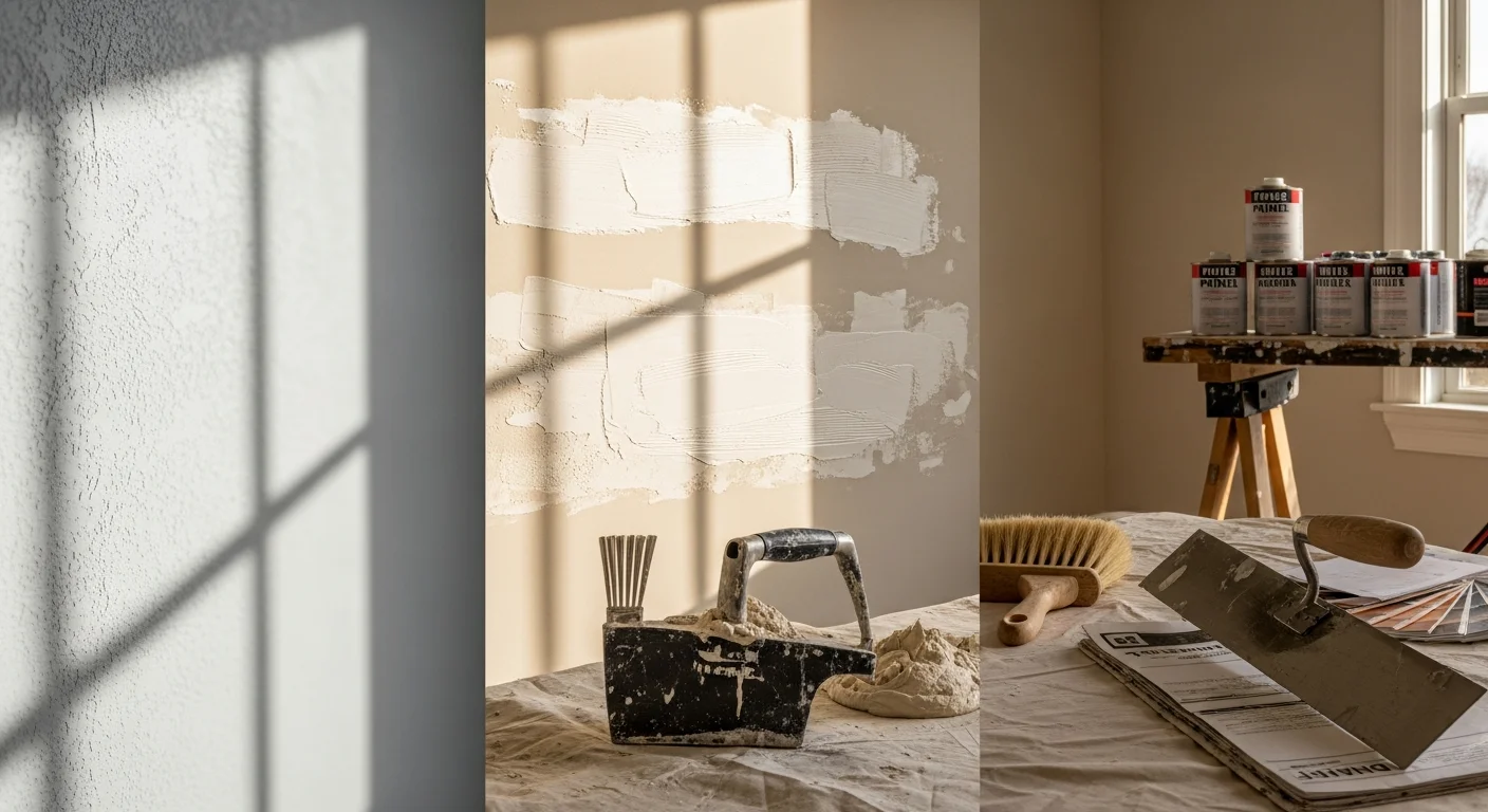 A Washington Township interior room featuring a hand-applied Venetian plaster accent wall with layered tonal depth beside classic colonial trim. Close detail shows the textured surface and burnished finish applied by Premier Painting and Home Services.