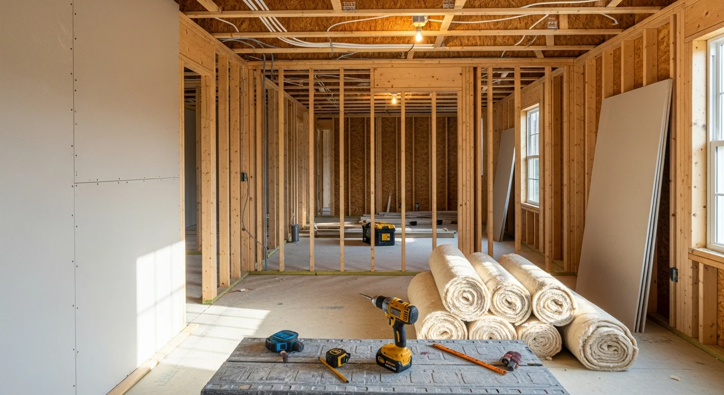 A newly constructed specialty room inside a Washington Township home, featuring framed walls, recessed lighting, and freshly painted drywall ready for use as a home office. The room connects seamlessly to the existing hallway with matching trim and flooring.